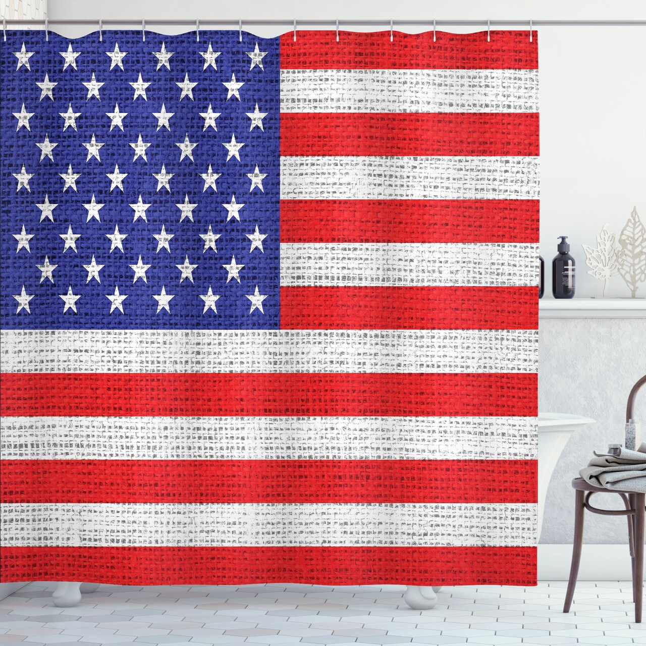 Ambesonne USA Shower Curtain, Fourth of July Independence Day Burlap Looking Retro Vintage Country Pastel Color, Cloth Fabric Bathroom Decor Set with Hooks, 69" W x 70" L, Blue Red White